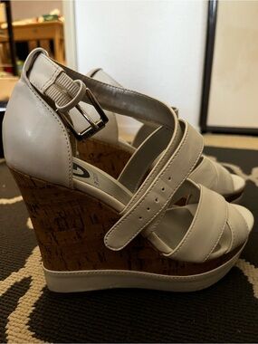 G by Guess White Cork Wedge Sandals with Ankle Buckle